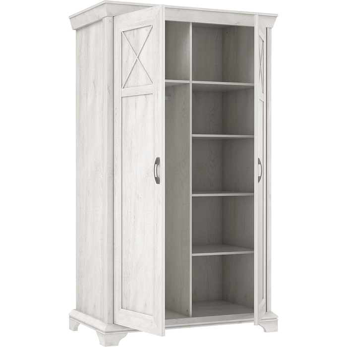 Шафа 120 130, Шафа для спальні, Сільський стиль, 2-дверна шафа з полицями та вішалкою для одягу, Декор дерева Сосна біла, 123 см завширшки x 210 см заввишки x 66 см завглибшки, Сосна біла 66,2 x 123 x 210,3 см, 2-дверна шафа, Одинарна