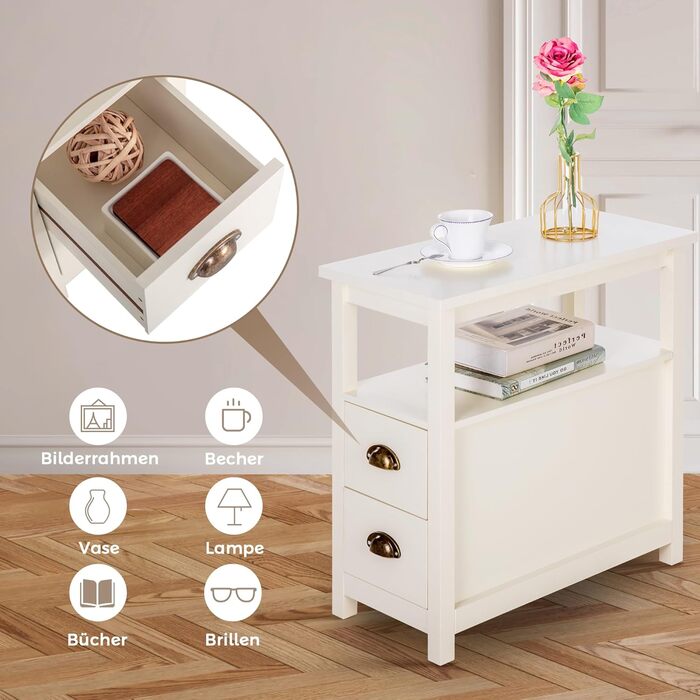 Журнальний столик MAISON ARTS, вузька тумбочка з 2 шухлядами, журнальний столик для вітальні, спальні, колір слонової кістки