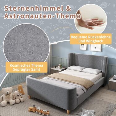 Дитяче м&39яке ліжко Merax 90x200 см, каркас одного ліжка з рейковою основою, високим узголів&39ям та ізніжжям, миле дитяче ліжко з креативним мультяшним візерунком, для хлопчиків та дівчаток, оксамит, матрац не входить до комплекту, сірий 90 x 200 см сір