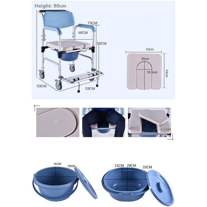 Туалетне крісло CNBYDK для туалету з колесами та педаллю, міцне, 147 кг, портативне крісло-біде, душ та крісло для ванни для людей похилого віку з обмеженими можливостями