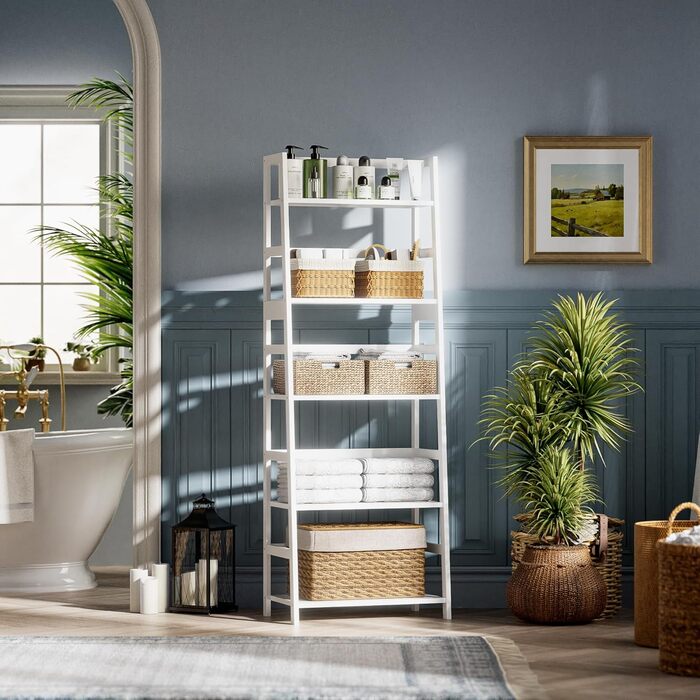Полиця-драбина, 5-ярусна книжкова шафа, повнорозмірна бамбукова міцна книжкова шафа, окремостояча відкрита дерев&39яна полиця, сучасна кутова підставка для вітальні, домашнього офісу, ванної кімнати, біла
