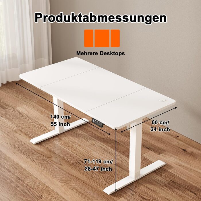 Стіл для роботи стоячи з регульованою висотою, електричний стіл з функцією пам&39яті, 140 x 60 см, білий