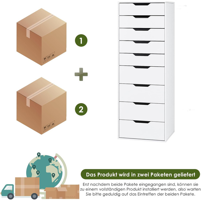 Білий комод з 9 шухлядами, вузький комод, високий комод для спальні, вітальні, офісу, коридору, 45 x 40 x 124 см