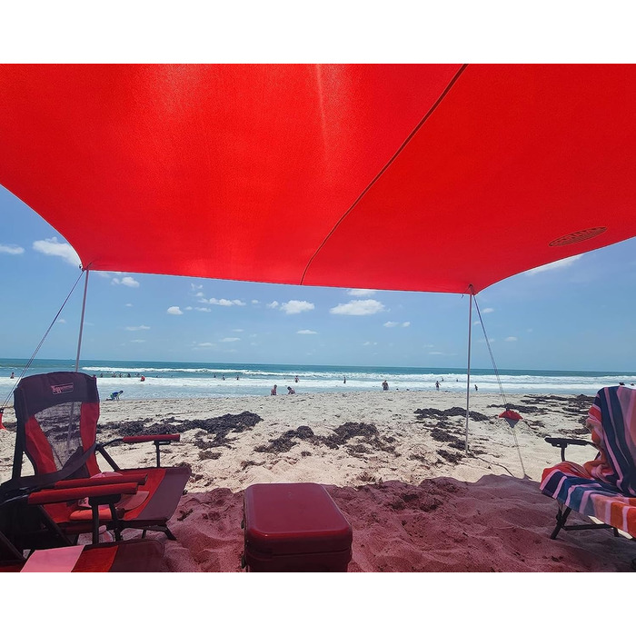 Сімейний пляжний намет UMARDOO з 4 алюмінієвими стійками, висувний пляжний сонцезахисний тент з сумкою для перенесення, червоний/подорожній, суцільний колір (Getaway Solids), 10x10 футів, 4 стійки