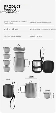 Чайний сервіз з нержавіючої сталі 304 для подорожей та кемпінгу на 4 особи, з фільтром та герметичним носиком, включає чайник та 4 чашки