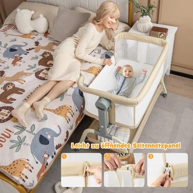 Дитяче ліжечко COSTWAY 4 в 1 з москітною сіткою, бічним ліжком, колискою та люлькою, а також дорожнім ліжком з матрацом, 6 регульованих рівнів висоти, сумкою для перенесення, складним портативним ліжечком для дітей до 6 місяців (бежевий)