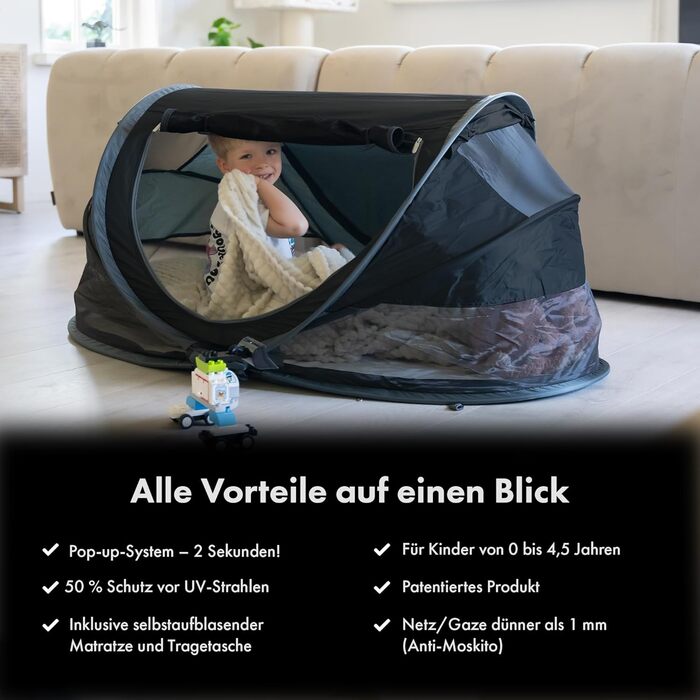 Дитяче ліжечко Deryan з матрацом від народження до 2,5 років - висувне дитяче ліжечко-намет, яке встановлюється за 2 хвилини - включає москітну сітку та дорожню сумку - 136x84x62 см (чорний), PL Black Peuter Luxe Black
