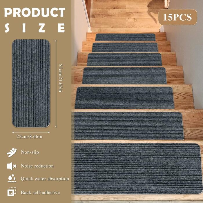 Килимки для сходів, 15 шт. , самоклеючі, протиковзкі, ріжучі, багаторазові (темно-сірі)