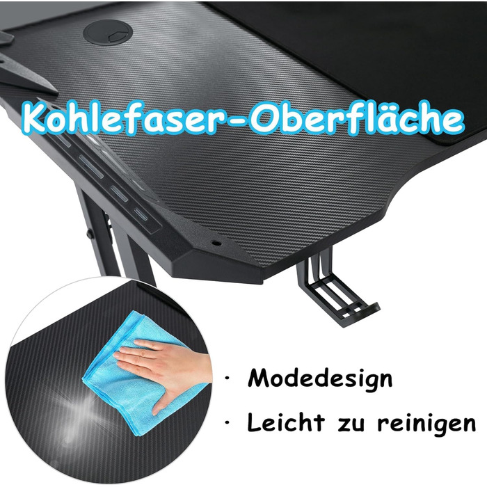 Ігровий стіл 120 x 60 см, Z-подібна рама для ігрового столу з RGB-підсвіткою, комп&39ютерний стіл з вуглецевим волокном, ергономічний ПК-стіл з гачком для навушників та підставкою для склянок, чорний 120 x 60 см, чорний з RGB-підсвіткою