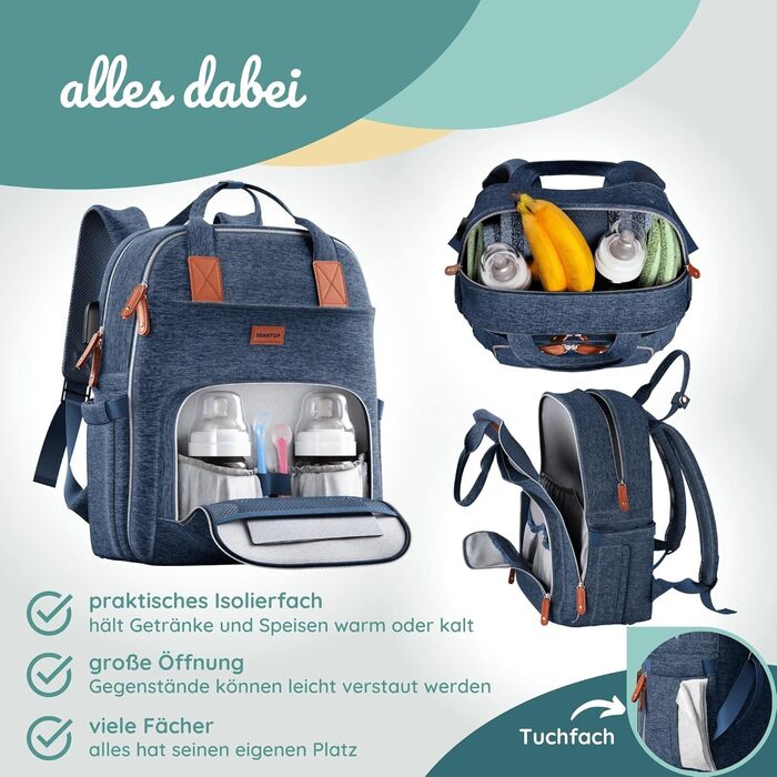 Велика пеленальна сумка-рюкзак з пеленальним килимком - З місцем для зберігання та кишенями - Вологе та ізольоване відділення - Шк