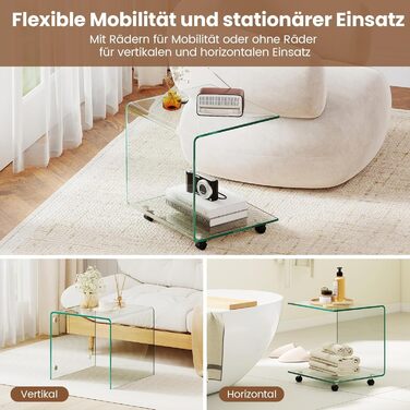 Журнальний столик COSTWAY із загартованого скла з колесами, С-подібний скляний стіл, тумбочка, столик для дивана, журнальний столик для вітальні, спальні, 45 x 40 x 48 см (прозорий) маленький (з колесами) прозорий 1