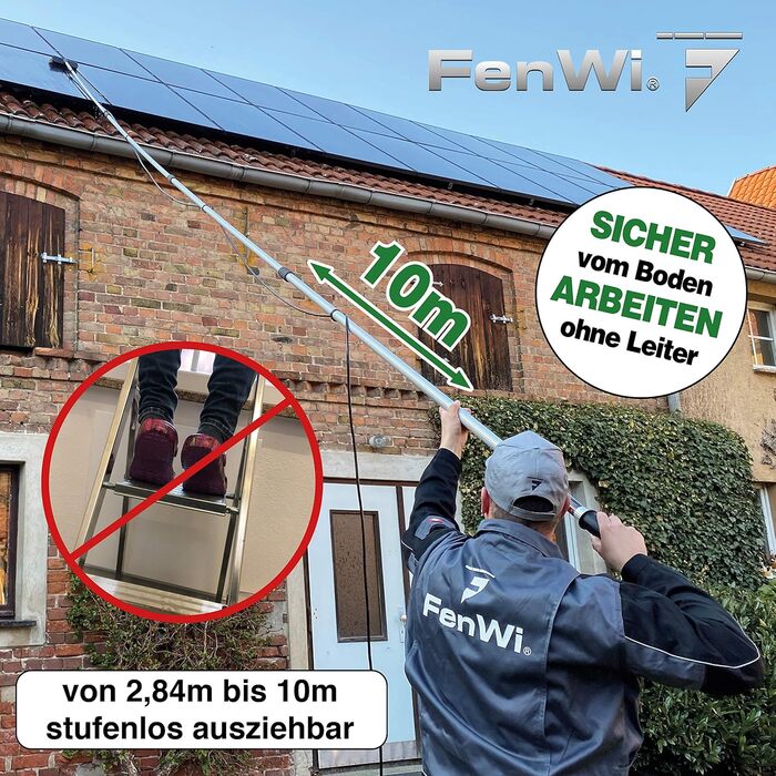 Водна телескопічна палиця FenWi 10 м у повному комплекті для миття скла, сонячного прибирання, прибирання зимового саду за допомогою миючої щітки, склоочисника (для перенесення води), шланга, телескопічної палиці та аксесуарів