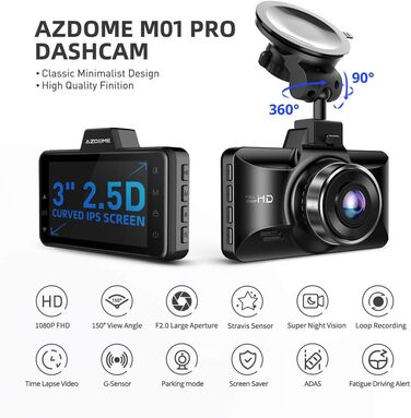 Автомобільна передня задня камера AZDOME M01 Pro Dashcam 1080P FHD з картою пам'яті 64GB, подвійна автомобільна камера з моніторин