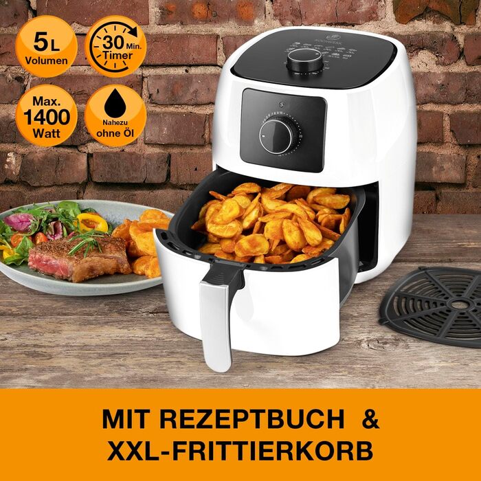 Фритюрниця KOCHWERK ємністю 5 л Смаження та точне приготування без жиру, також ідеально підходять для гриля, запікання та розігріву Можна мити в посудомийній машині та функція таймера 1400 Вт/білий