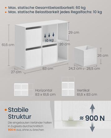 Книжкова полиця SONGMICS HOME, надшвидке складання без інструментів, технологія без інструментів, 6-рівнева полиця, окремостояча полиця, 4 шухляди з тканини, система полиць, 27 x 83 x 61,6 см, білосніжний LBC196W01, 6 рівнів (61,6 висоти см)