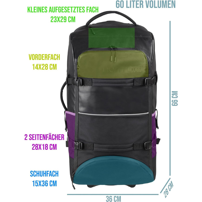 Дорожня сумка normani Backpacker - візок з фронтальним завантаженням та багатьма кишенями, 60 літрів, чорна, водонепроникна