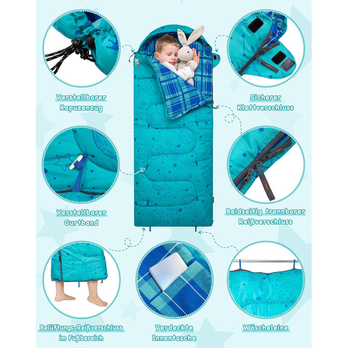 Дитячий фланелевий спальний мішок KingCamp, легкий, водонепроникний та компактний, зимовий спальний мішок, 4-сезонний спальний мішок-ковдра, аксесуар для кемпінгу, підходить для дітей зростом до 140 см, комфорт 7C, блакитне регулювання довжини