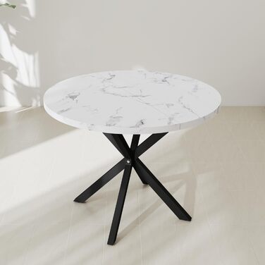 Сучасний круглий обідній стіл з промисловим листовим металом та чорними металевими ніжками - Скандинавський стіл для вітальні або кухні, 4-6 осіб, 100 см - Мармурова структура білийчорний