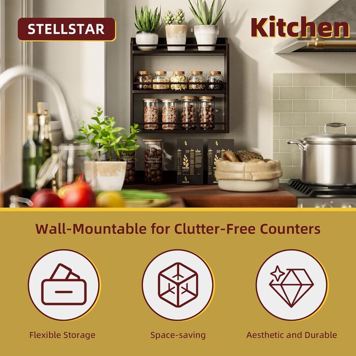 Рівнева підставка для спецій з бамбукового дерева, банки для спецій, полиця-органайзер для спецій або рукоділля, кухонна стільниця або настінне кріплення (коричневий колір), 3-