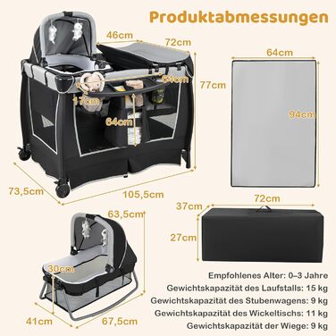 Ліжечко-дорожнє COSTWAY 6-в-1 з матрацом, портативна дитяча колиска з регульованим балдахіном, складне дитяче ліжко/спальне місце з пеленальний килимок, музичний мобіль та сумка для перенесення для дітей до 3 років, вантажопідйомність 15 кг (сірий) (1 упа