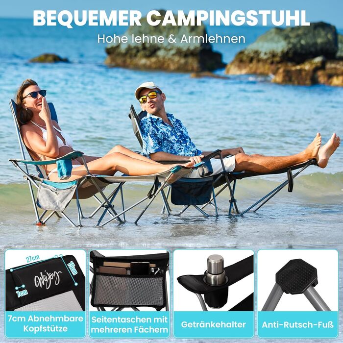 В-1 кемпінгове крісло 180 кг з підставкою для ніг, пляжне крісло з 4-позиційною регульованою спинкою, складне крісло-реклайнер з підсклянником, кемпінгове крісло для використання на свіжому повітрі, , чорний колір, 2-
