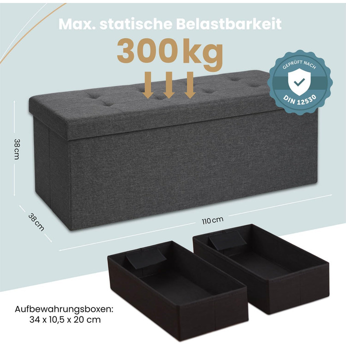 Лавка для зберігання Blumtal 2 додаткові коробки - Лавка для зберігання 110x38x38 см - Скриня для зберігання - Зручний табурет з місцем для зберігання - Пуф - Коробка для зберігання кольору антрацит 110x38x38 см