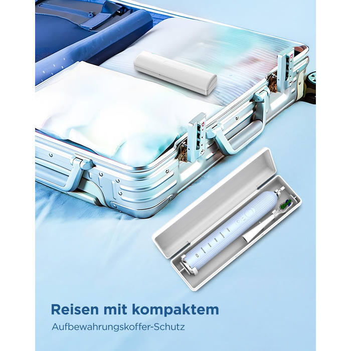 Електрична зубна щітка, звукова зубна щітка для дорослих та дітей, з 5 режимами чищення, 3 рівнями інтенсивності, вбудованим таймером та 8 насадками, дорожній футляр, світло-блакитний, (в упаковці)