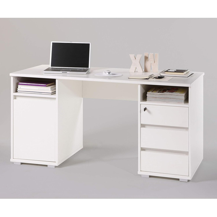 Письмовий стіл PRIMUS з 2 шухлядами, білий - Офісний стіл, комп&39ютерний стіл для домашнього офісу з місцем для зберігання та відкритими полицями - 145 x 74 x 65 см (Ш/В/Г) 145 см білий