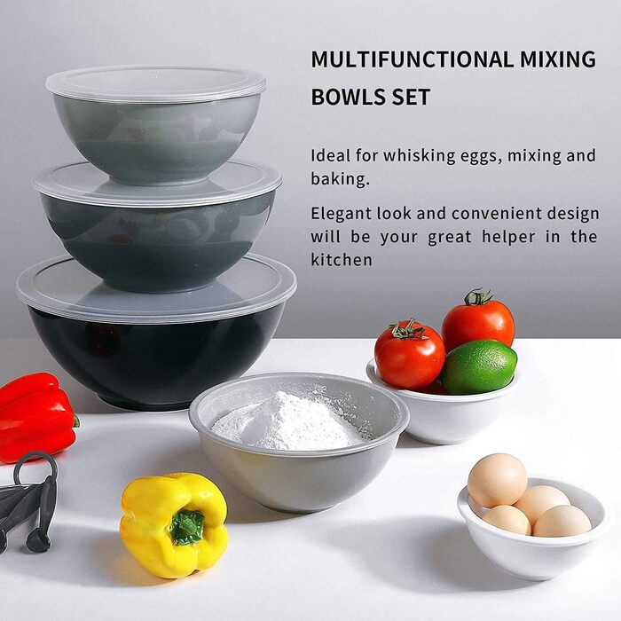 Набір мисок для змішування AIKKIL з 6 шт. , пластикова салатниця Nist з кришкою, миска з кришкою, містить 2 виделки та 4 мірні лож