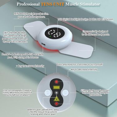 Пристрій KTS TENS бездротовий, тренувальний пристрій EMS & TENS електрод та інфрачервоний холодний лазер 3-в-1 пристрій для стимуляції м'язів сприяє кровообігу / знімає біль, пристрій струму для стимуляції USB підходить для всіх частин тіла TENS і червоне