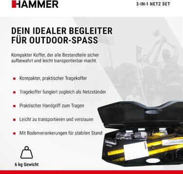 Універсальний спортивний комплект HAMMER 3 в 1: Сітки для волейболу, бадмінтону та тенісу (З футляром-підставкою, для дітей та дорослих, легке складання)