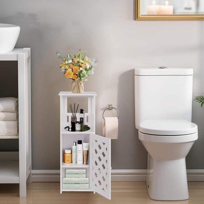 Невелика біла шафа для зберігання у ванній кімнаті, 3-рівневий окремостоячий органайзер з дверцятами, водонепроникна підлогова шафа для спальні, туалету, вітальні, офісу