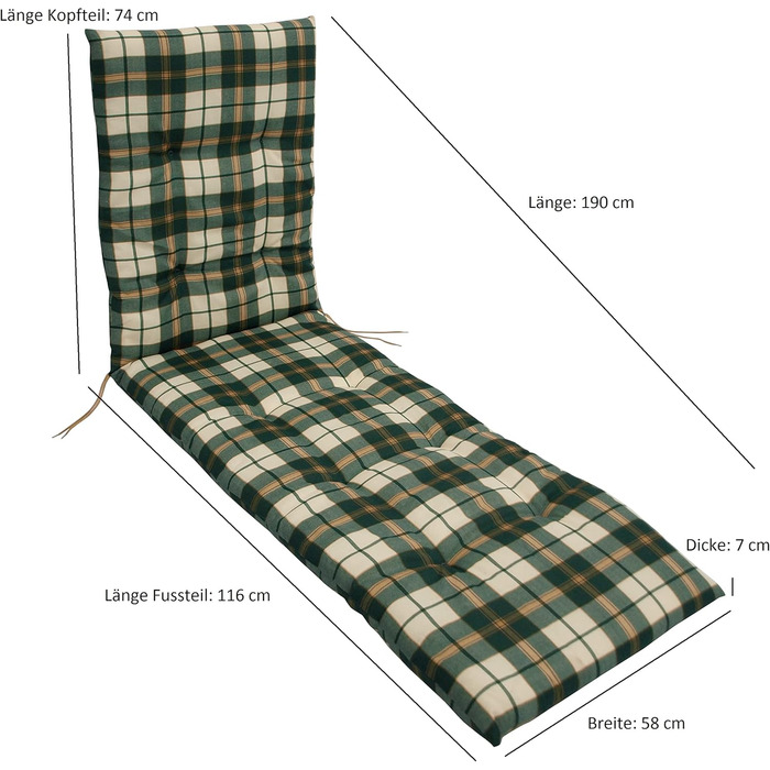 Подушка для шезлонгу Boston для шезлонгу Garden Lounger 58 x 190 см, зелена/бежева в клітинку