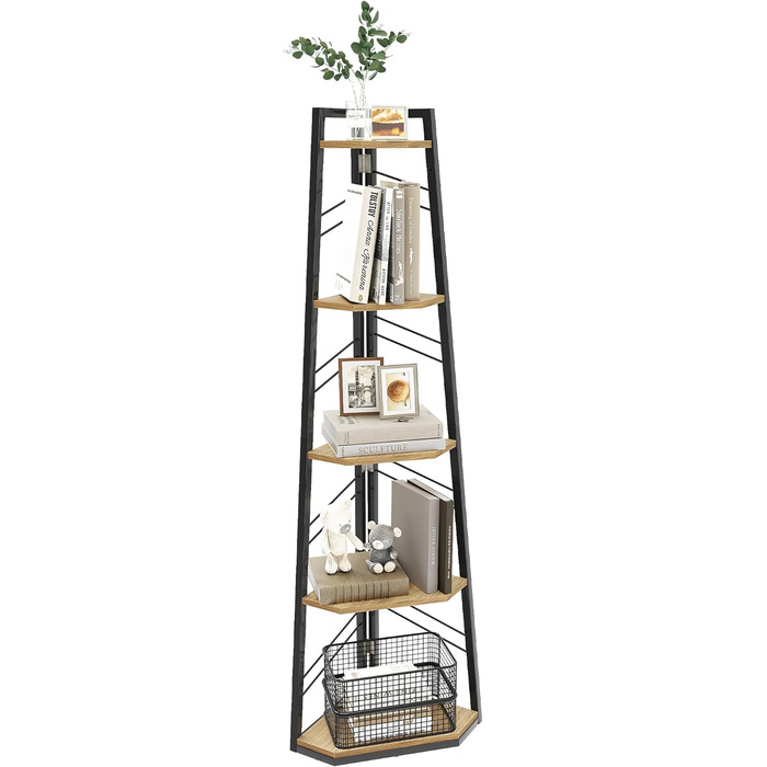 Рівнева кутова книжкова полиця - промислова окремостояча книжкова полиця з драбиною, сучасна відкрита дерев&39яна полиця для вітальні, коридору, домашнього офісу, дуб, 5-