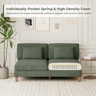 Місний диван Vesgantti Cord без підлокітників, 166 см. Сучасний тримісний диван з подушками, комбінований диван, ідеально підходить для вітальні, спальні, офісу, збирається без інструментів, 166 * 88 * 84 см. Зелений 3-місний диван., 3-