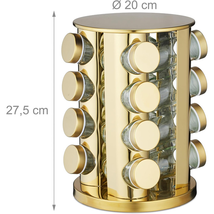 Карусель для спецій Relaxdays, 16 банок для спецій, обертається на 360, нержавіюча сталь, скло, В x Г 27,5 x 20 см, кругла підставка для спецій, золота