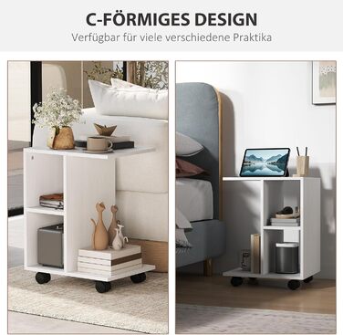 Журнальний столик HOMCOM C-подібної форми на колесах, переносний диванний столик, для невеликих приміщень, 45 x 35 x 58 см, білий