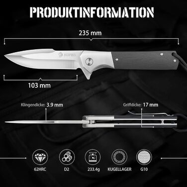 Складний ніж NedFoss BEAST, великий кишеньковий ніж зі сталі D2 10 см з руків'ям G10, гострий одноручний ніж з піхвами та шарикопі