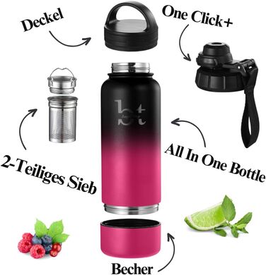 Спортивна пляшка з фруктовим заварювачем, пляшка для води об&39ємом 1 літр (950 мл), термос з нержавіючої сталі, термопляшка для кави/чаю, термос з чашкою, термос з фільтром для розсипного чаю (рожевий/чорний)