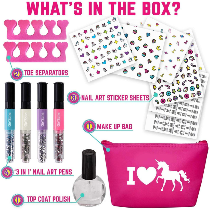 Подарунки для дівчаток GirlZone - Дитячий набір для студії нігтів "Єдиноріг" Набір для дизайну нігтів Дитячий набір лаків для нігтів Подарунковий набір для дітей віком 4-11 років Набір для дизайну нігтів "Єдиноріг"