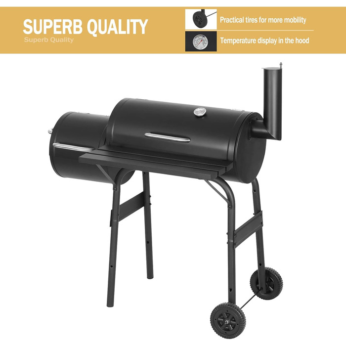 Вугільний гриль Laneetal з кришкою та візком на колесах, металевий садовий гриль з робочою поверхнею для кемпінгу та відпочинку на природі, чорний
