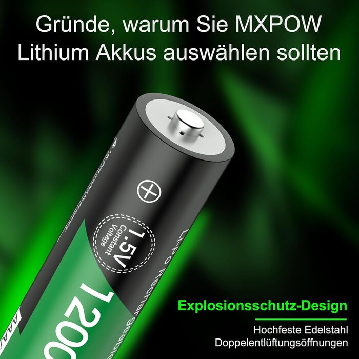 Літієві батарейки AAA 1,5 В, 8 шт. із зарядним пристроєм, висока ємність 1200 мВтгод, 1500 циклів розрядки/зарядки, акумуляторні батарейки AAA, тривалий термін служби з інтелектуальним зарядним пристроєм з РК-дисплеєм