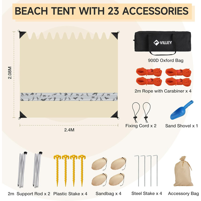 Сонячний намет VILLEY 2 м x 2,4 м, хакі, пляжний намет з лайкри з захистом від ультрафіолету UPF50 для 3 осіб, пляжна парасолька з мішком з піском та 2 опорними жердинами для пікніків, риболовлі, сонцезахисний, хакі