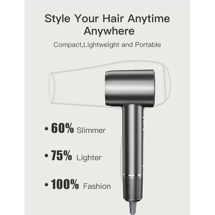 Іонний фен Fezax з безщітковим двигуном 110 000 об/хв для швидкого сушіння, високошвидкісний фен з 200 мільйонами негативних іонів