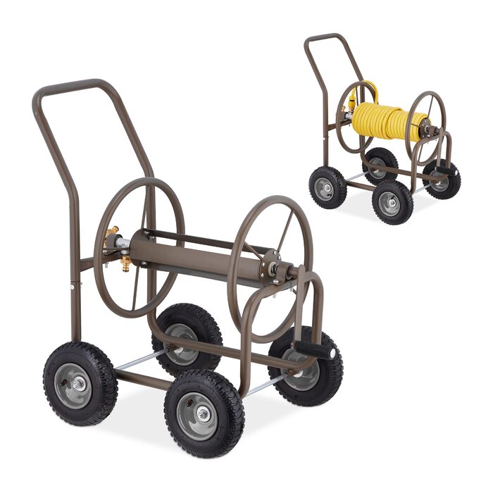 Садовий візок для шланга Relaxdays, до 60 м шланга, 4 пневматичні колеса, швидке з'єднання, металева бочка для шланга, коричневий