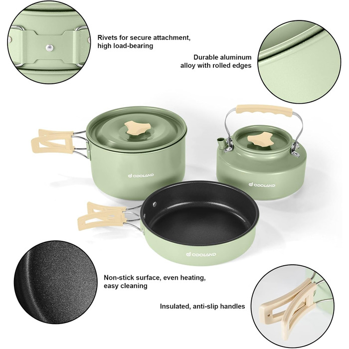 Набір посуду для кемпінгу Odoland з антипригарним покриттям, каструлями та сковорідками з чайником, мірним набором для посуду з нержавіючої сталі, чашками, тарілками, ножами, ложками, виделками для приготування їжі на свіжому повітрі, набір антипригарного