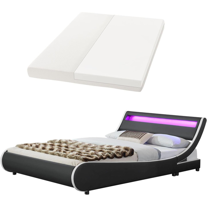 М'яке ліжко Juskys Valencia 140x200 см в комплекті з матрацом, світлодіодним підсвічуванням, рейковою рамою та узголів'ям - ліжко