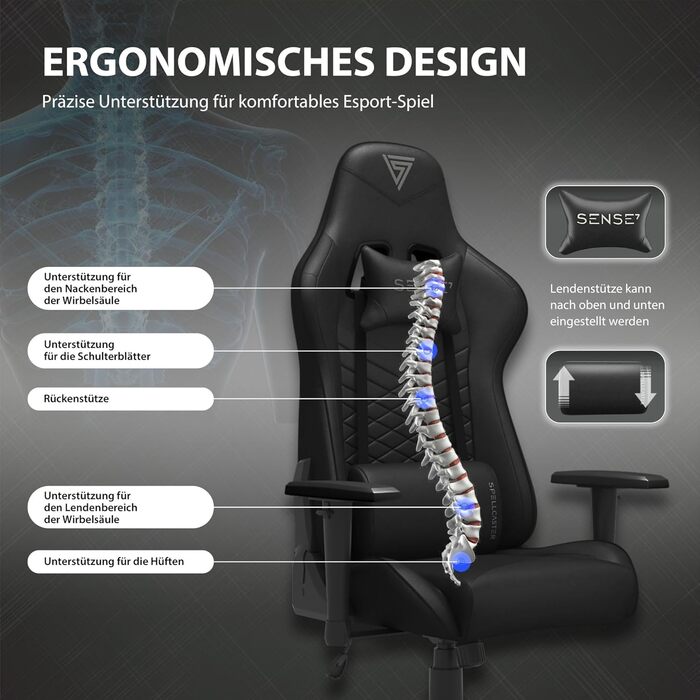 Офісне крісло Gaming Spellcaster, ергономічне крісло для геймерів, підлокітники, цільна сталева рама, регульований кут нахилу, чорний колір, 43-52 x 69,5 x 57 см, 5907783039720, шкіра чорного кольору