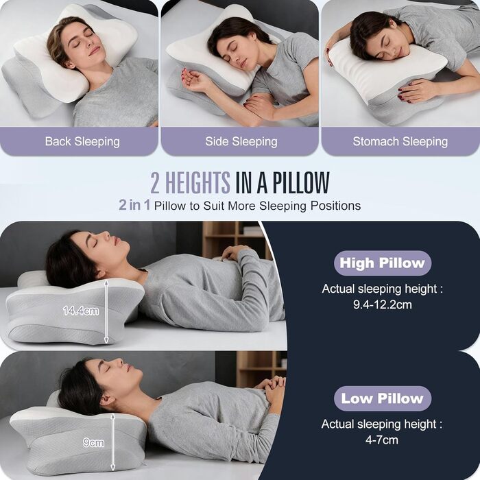 Подушка з піни з ефектом пам&39яті 60D, ортопедична ергономічна подушка для болю в шиї та плечах, підтримка шийного відділу хребта для сну на боці, спині та животі, з 2 наволочками, що праються, сіра, 62 x 37,3 x 14,4/9 см