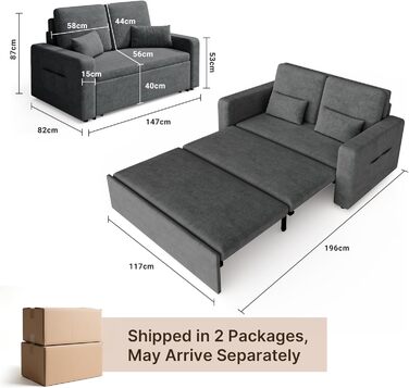Диван Xbro з функцією сну 147x196x87 см, 2-місний розкладний диван-ліжко з 4 колесами, сучасний велюровий диван-ліжко, темно-сірий